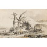 Jean Pierre Louis Houel [1735-1813]- Herdsman with cow and sheep by a ruined barn,