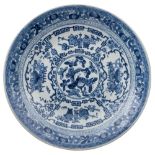 A group of three Chinese blue and white shallow dishes: painted with lotus and other panels of
