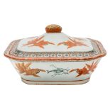 A Canton famille rose shaped rectangular tureen and cover: painted with swimming shubunkin and