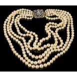 A cultured pearl five-strand necklace on diamond set clasp: the cultured pearls graduated from 3mm