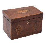 A George III inlaid mahogany two-division inlaid tea caddy: of rectangular outline,