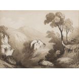 James 'Drunken' Robertson [1815-1836]- River valley landscape with cottage,:- brown wash drawing,