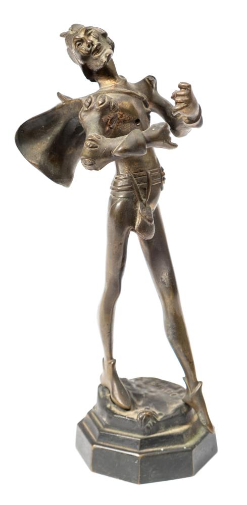 After Auguste De Wever (1856-1910} Mephistopheles: gilt bronze devilish figure singing and playing