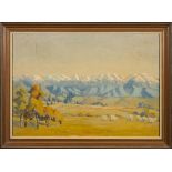 New Zealand School 20th Century- South Island,:- sheep grazing in the foreground,