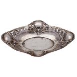 A German Art nouveau period silver dish, stamped 800: of cartouche-shaped outline,