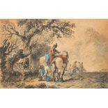 Attributed to Jean Pierre Louis Houel [1735-1813]- Landscape with couple on track herding cattle