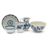 A group of 18th century English blue and white porcelain: comprising a First Period Worcester bowl