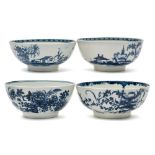 A group of four First Period Worcester blue and white bowls: painted or printed in the 'Fence',