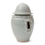 A Chinese Qingbai funerary vessel: in the form of a bulbous granary jar with domed top and covered