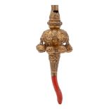 A 19th century gilt metal baby's rattle: with whistle mouthpiece and red coral teether,