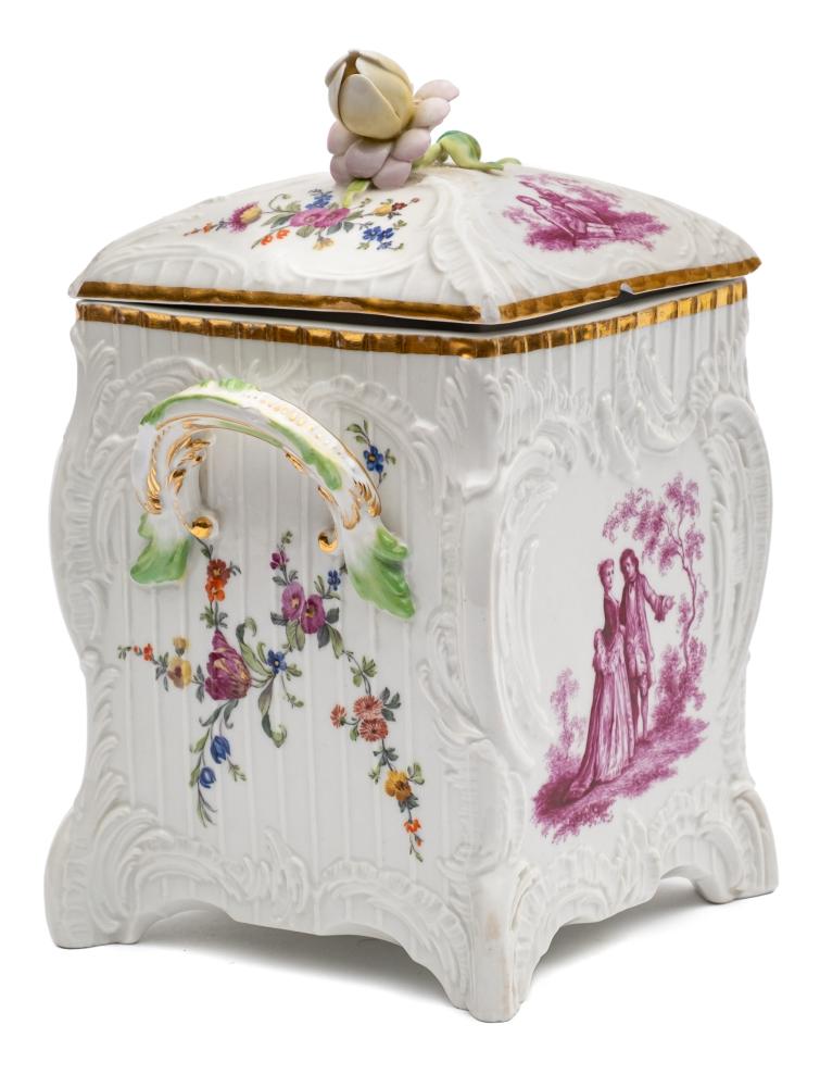 A Berlin KPM porcelain two-handled box and cover: of square section with branch handles and flower