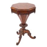 A Victorian rosewood and marquetry octagonal work table:,
