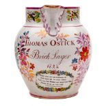An early 19th century pearlware documentary jug: inscribed 'Thomas Ostick/Brick Layer 1824' amongst