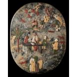 A Chinese double-sided soapstone panel: applied with figures around a table in a fenced garden,