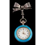 A lady's blue enamelled fob watch: the reverse painted with seated figures,