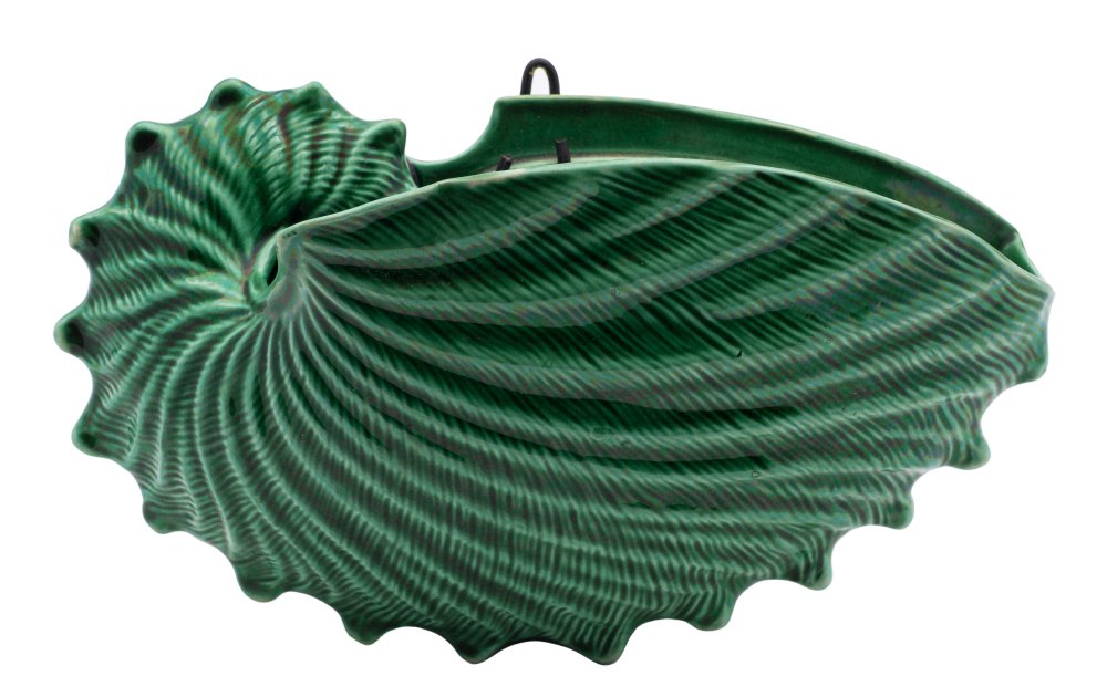 A 19th Century green-glazed nautilus shell wall pocket: impressed upper case 'G', probably Wedgwood,