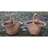 A pair of terracotta basket flower pots: with ribbed sides, 38cm (1ft 3in) long,