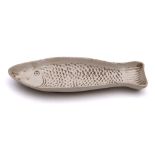 A Staffordshire white saltglazed stoneware tripod mould: in the form of a fish, circa 1760,