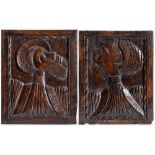 A pair of 16th Century carved oak 'Romayne' head portraits: the male facing sinister,