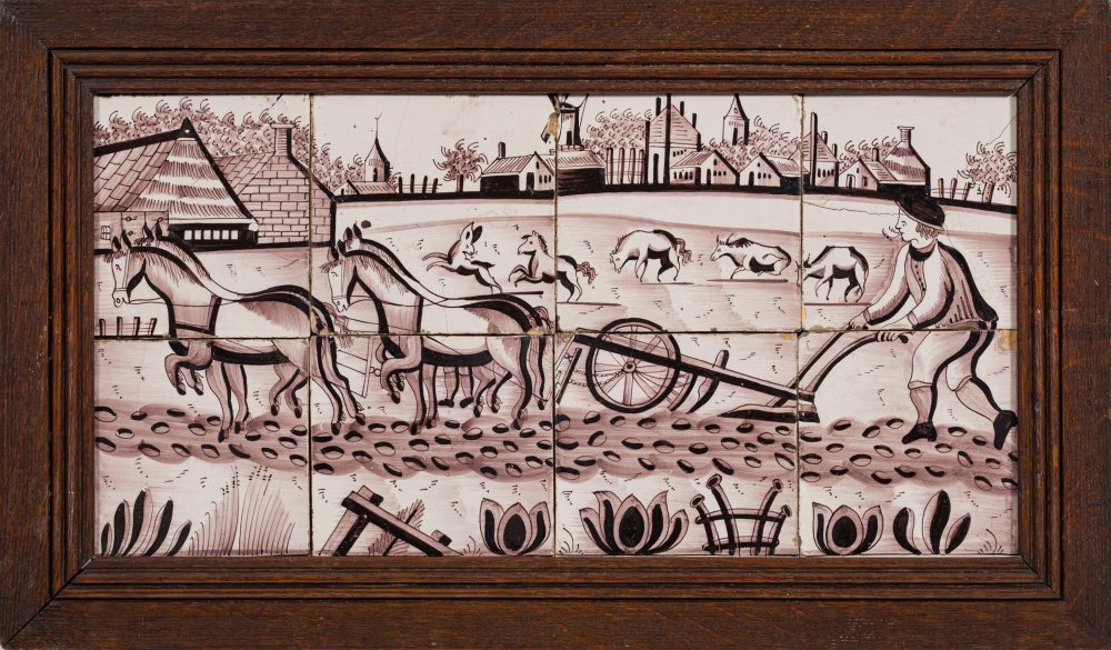 A Dutch delftware tile picture: the eight tiles painted in manganese with a ploughing scene in the