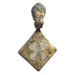 A late Medieval gilt metal horse harness pendant: fully gilded with butterfly motif.