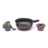 Three 17/18th Century copper alloy miniature toys: comprising a cooking pot and two twin-handled