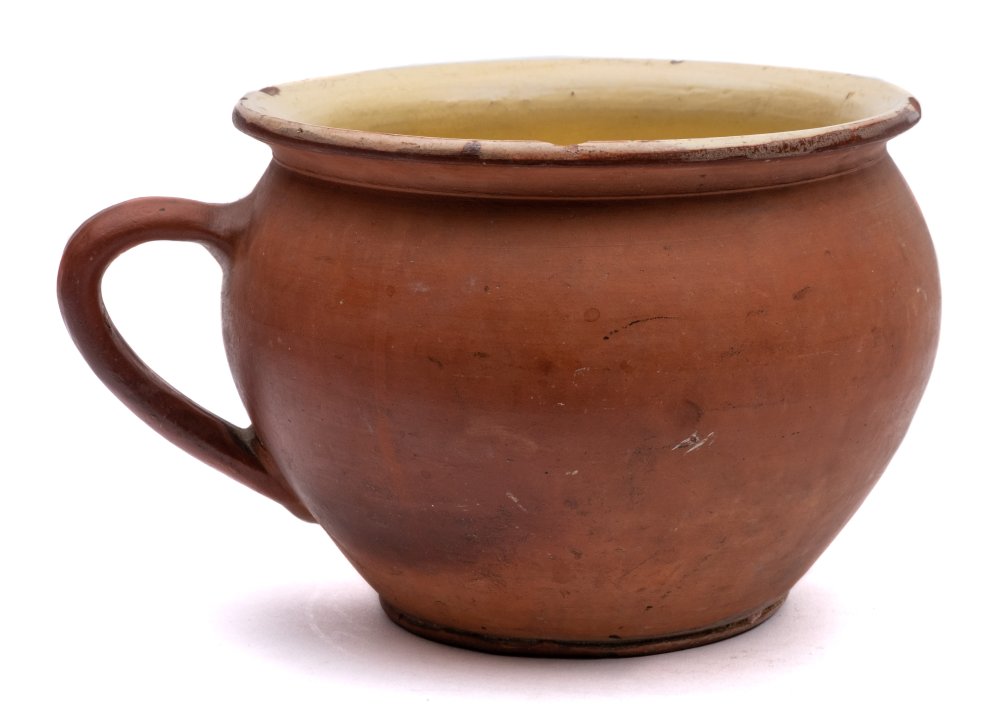 Two pottery chamber pots and a bedpan: attributed to the Verwood or East Dorset potteries - Image 2 of 3