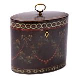 A late 18th Century oval papier mache tea caddy: with painted guilloche and chain bands enclosing