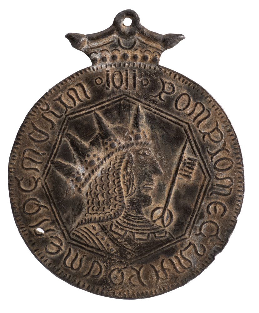 A 19th Century lead alloy 'Billy & Charley' fantasy medallion: the obverse with crowned knight - Image 2 of 2