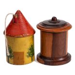 A Victorian lignum vitae string box: of cylindrical outline with shallow domed cover, 14cm high,