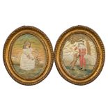 A pair of Regency oval silkwork pictures in original stamped brass frames: depicting a boy playing