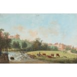 German School, late 18th Century- 'Halle', a view across the river to figures and cattle,
