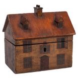 A Regency period painted tea caddy in the form of a cottage: the hinged pitched roof enclosing twin