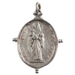 A 17th Century oval silver badge: Obv Mary holding the Christ child, Rev.