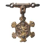 A late Medieval gilt metal horse harness pendant: gilded with throned king figure with sceptre,