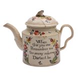 A late 18th century English polychrome creamware teapot and cover: of cylindrical form with