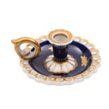 A Chamberlains Worcester blue and gilt decorated porcelain miniature chamberstick: with reticulated