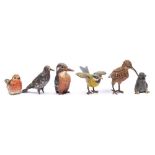 A group of six Austrian cold painted bronze models of birds: including a woodcock and a kingfisher,
