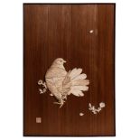 A Japanese ivory and softwood rectangular panel: inlaid with a fan-tailed pigeon and scattered