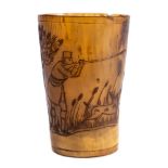 A late 18th Century horn beaker: with scrimshaw decoration with a windmill and pheasant shooting