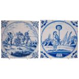 Two Dutch blue and white delft 'biblical' tiles: comprising the Spies of Cannan in a circular panel