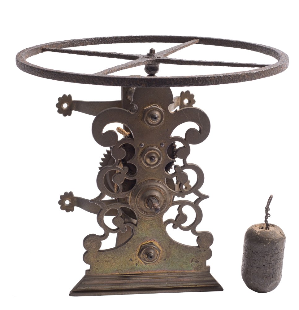 An 18th Century brass faced spit jack: with contrate geared gravity driven movement,