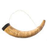 An early 19th Century scrimshaw powder horn: the ox horn engraved with birds, a kangaroo,