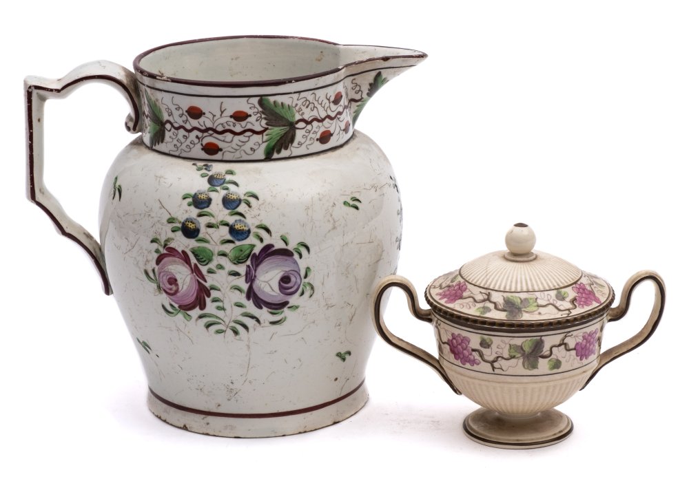 An early 19th Century pearlware jug and a small Wedgwood creamware two-handled cup and cover: the