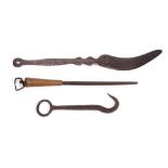 A 19th Century wrought iron potato rake: a sack hook and brass handled steel (3)