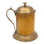 A George III period brass lidded tankard: of plain cylindrical outline with domed lift-off lid and