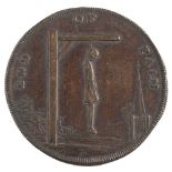 An 18th Century copper 'End of Pain' token: one side decorated with a man hanging from a gibbet,