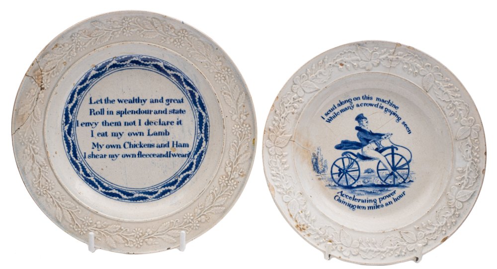 Two nursery ware plates: both transfer decorated in blue with embossed floral and foliate borders