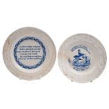 Two nursery ware plates: both transfer decorated in blue with embossed floral and foliate borders