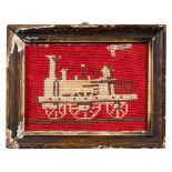 A small 19th Century needlework picture of a Puffing Billy: 9 x 13cm, in a simulated wood frame.